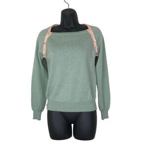 Paul & Joe Light Weight 100% Wool  Boat Neck Sweater Green & Peach Size 2